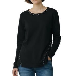 Spanner Black Tunic Asymmetric Hem Decorative Grommets V-Neck Back - Medium